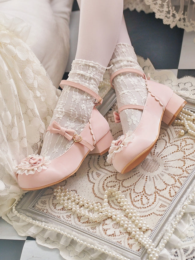 Toe Trim Heart Top Lace Bow Pink at Baby Buckles Lolita Round
