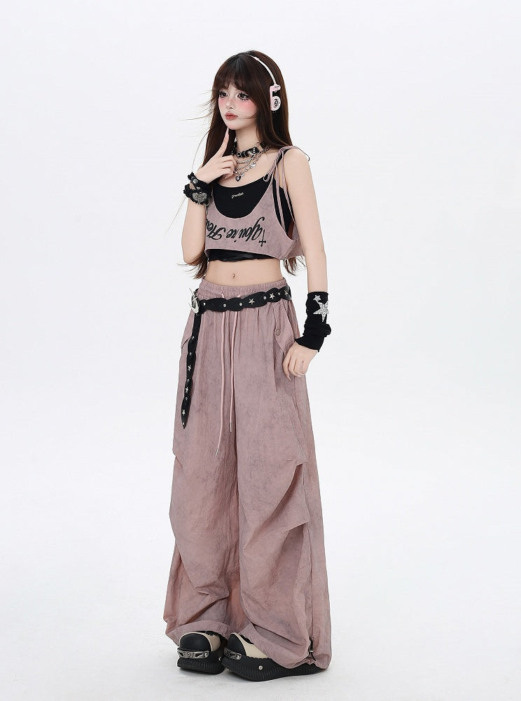 Accessory Punk Pants with Asymmetrical Dusty Pink Drawstring Waist Wasteland Waist