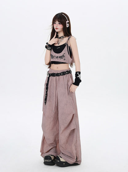 Accessory Punk Pants with Asymmetrical Dusty Pink Drawstring Waist Wasteland Waist