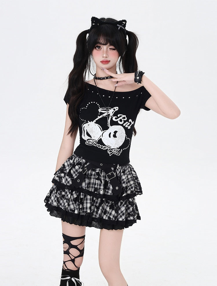 Heart Black/White T-Shirt Asymmetrical Neckline Cherry Print Studded