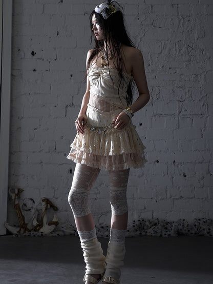 Beige/Black Neck Waist Polka-dot Vintage Halter Lace Patches