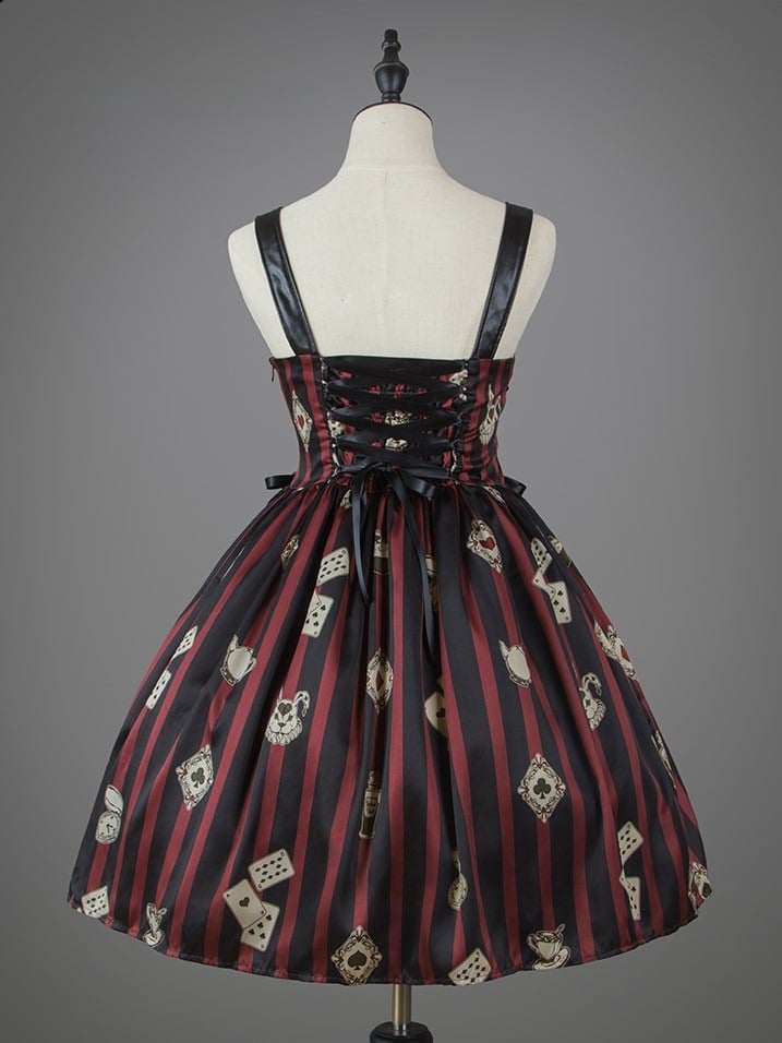 Card Punk Lolita Dress Red with Playing and Black Striped Prints