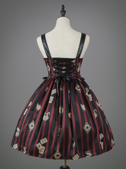 Card Punk Lolita Dress Red with Playing and Black Striped Prints