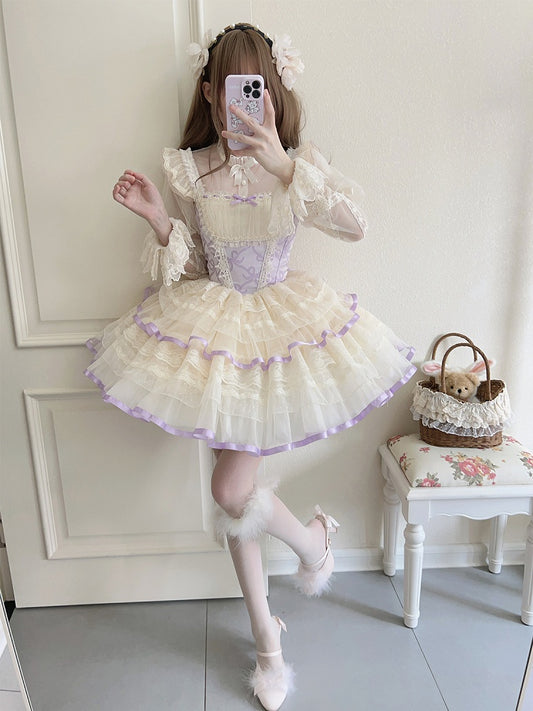 Skirt Purple Print Basque Waist Balletcore Lolita Bows Jumper