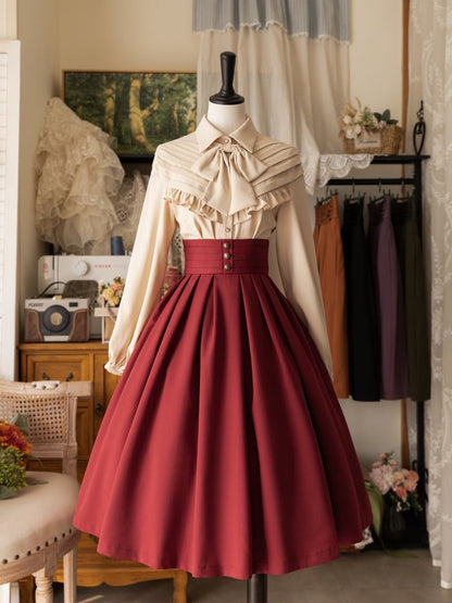 Red High Waist Pleated Hem Lolita Skirt Lace-up and Shirring Back