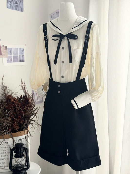 Ouji with Apricot Long Shorts Straight-leg Fashion Shoulder + Collar Lolita Outfit Straps Sailor Sleeves Shirt - Black