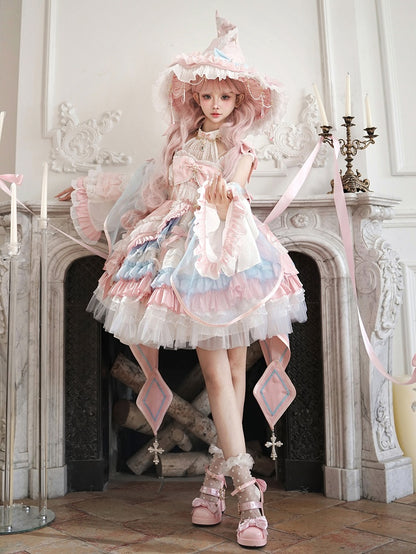Robe Lolita taille haute rose et bleue, ensemble complet avec jupe et pull