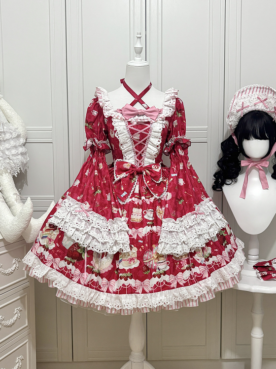 Strawberry Short Sweet Red Bell with Print Dress Detachable Cake Lolita Sleeves