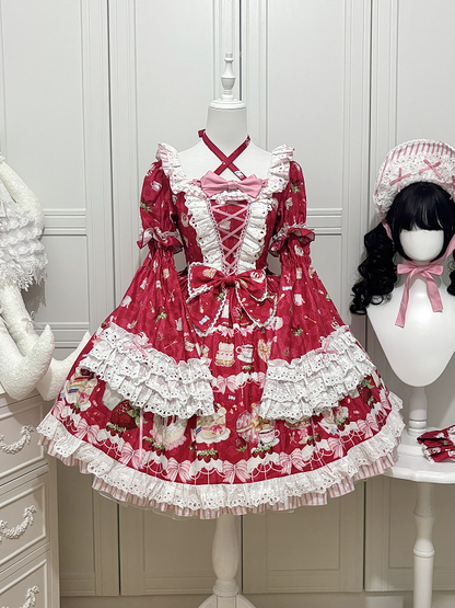 Strawberry Short Sweet Red Bell with Print Dress Detachable Cake Lolita Sleeves