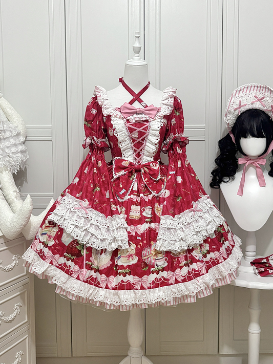 Strawberry Short Sweet Red Bell with Print Dress Detachable Cake Lolita Sleeves