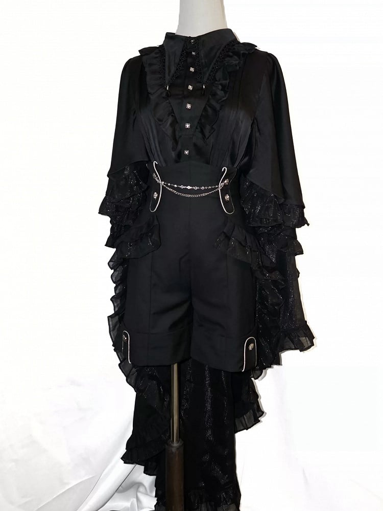 Lolita Design Ruffle Ouji Cape Cascading Collar Gothic Foldover Shirt Pointed Black