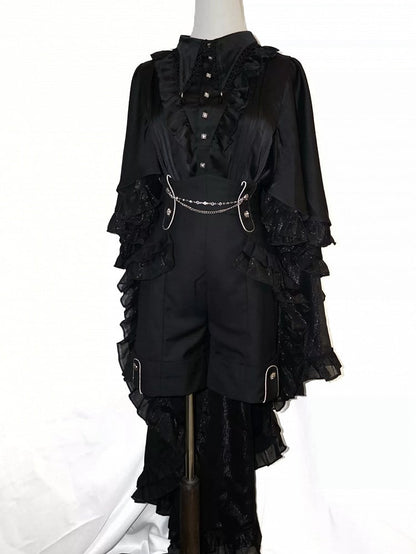 Lolita Design Ruffle Ouji Cape Cascading Collar Gothic Foldover Shirt Pointed Black