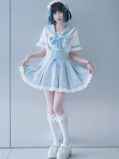 Jirai Kei Overalls Light Blue Heart Front Embroidery Lace-up