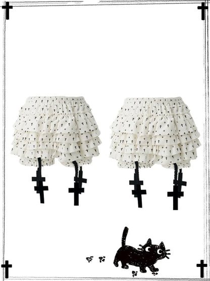 mit Skort Rüschen Charms Kreuz Pastell Katzenpfote und Kreuzdruck Gestuft Gothic Weiß Allover