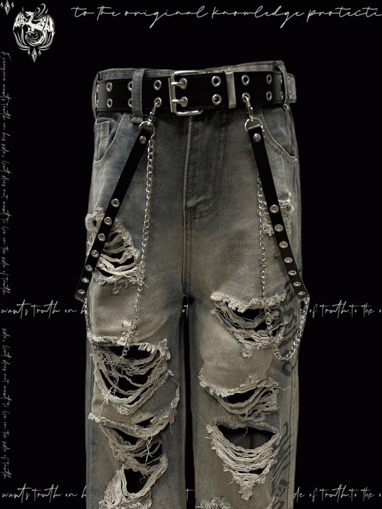 Wash Y2K Jeans Wasteland Punk Blue Faded Distressed Holes Glamorous
