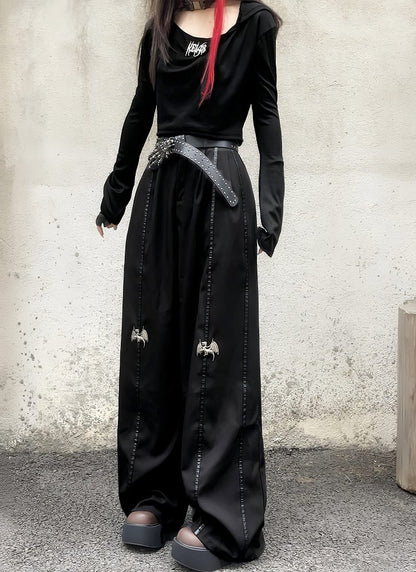 Length Floor Black Metal Dragon Knee Wide-Leg Pants