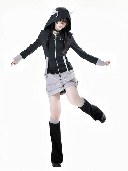 Black Strap and Design Hood Colorblock Wolf Ears Buckle Zip Closure Dress Gray Knit