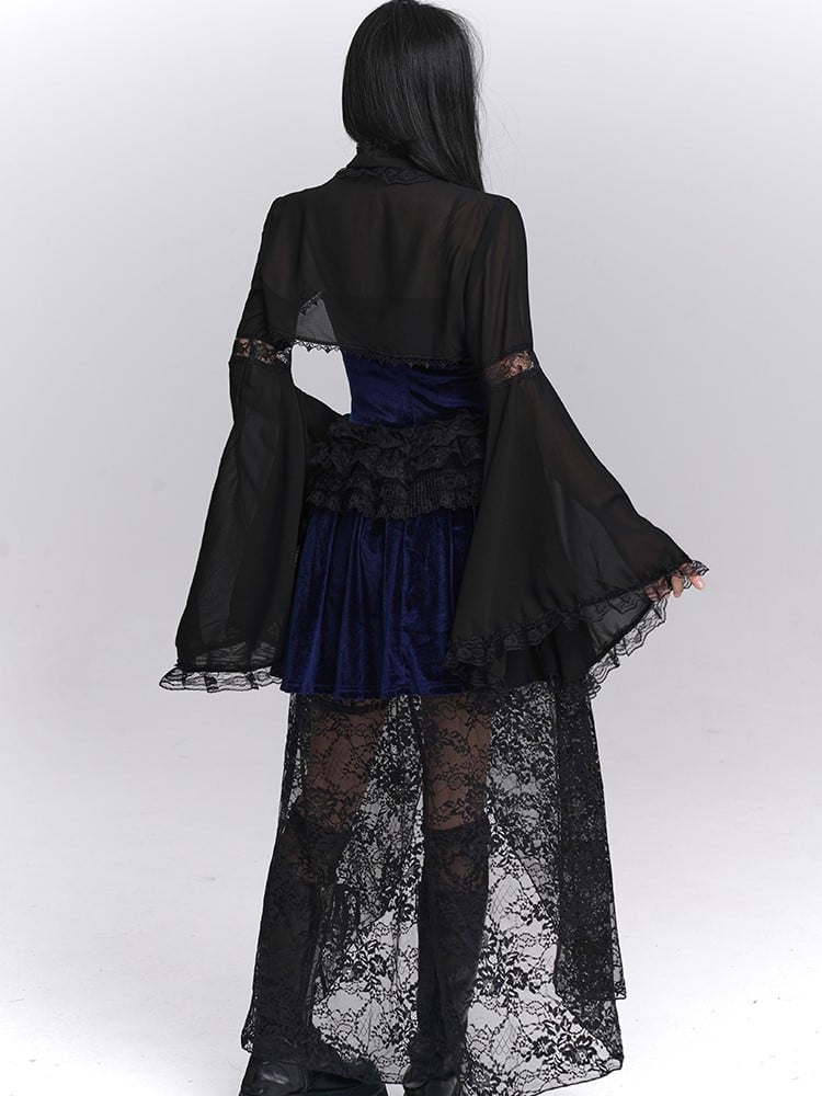Cutouts Lace-Trimmed Elegant with Bell Crop Black Halloween Sleeves Elbow Shrug Gothic