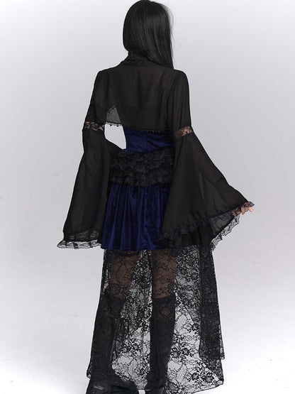 Cutouts Lace-Trimmed Elegant with Bell Crop Black Halloween Sleeves Elbow Shrug Gothic