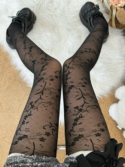 Floral Pattern Black Tights