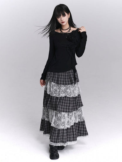 Tiered Skirt Black Layers White Maxi with Low-waist Plaid Lace