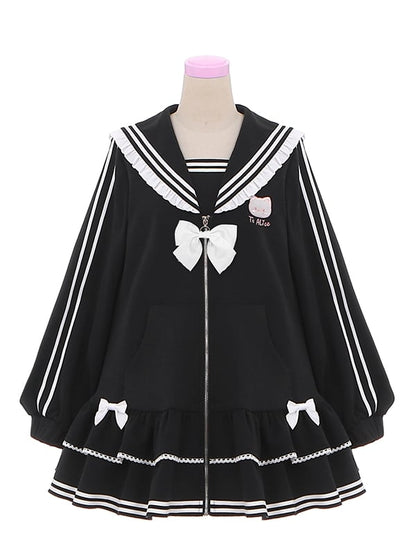 Embroidery Zip Kitty Jirai Kei Collar Dress Black Landmine Style Sailor Closure