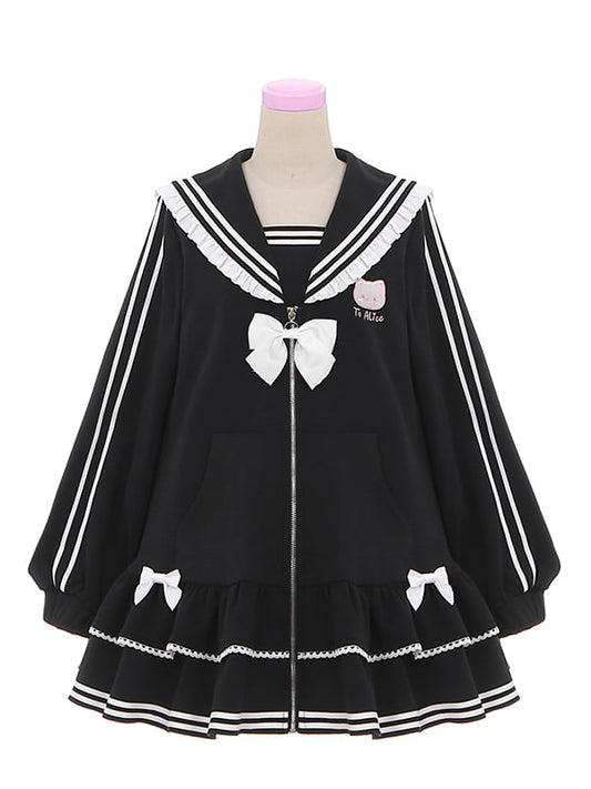 Embroidery Zip Kitty Jirai Kei Collar Dress Black Landmine Style Sailor Closure