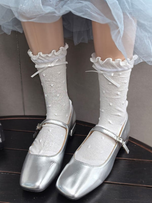 Pattern Polka-dot Bowknot Details Calf Cuffs Socks Ruffled White/Black/Pink/Blue/Yellow