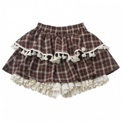 Brown Plaid Tiered Skort Ruffle Cuffs Fringe Trim