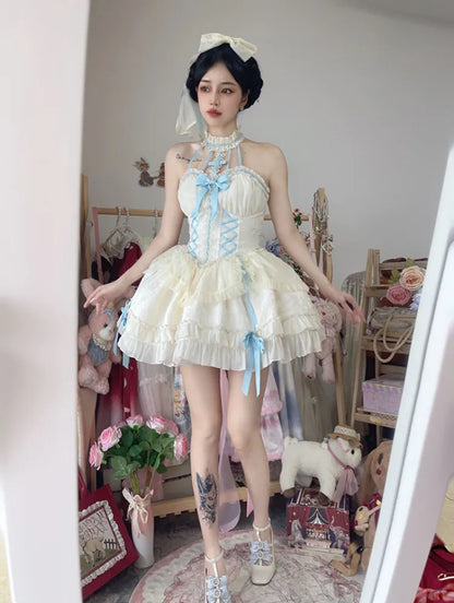Cross Belle Beige and Blue Halter Neck Corset Dress Balletcore Lolita JSK