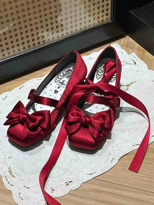 Bow Red Toe Wine Ankle Middle Heels Lace-up Lolita at Top - Elegant Square
