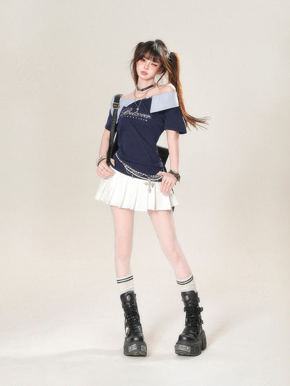 T-Shirt Foldover Navy Striped Neckline with Letter Blue Print Glamorous Collar - Asymmetrical