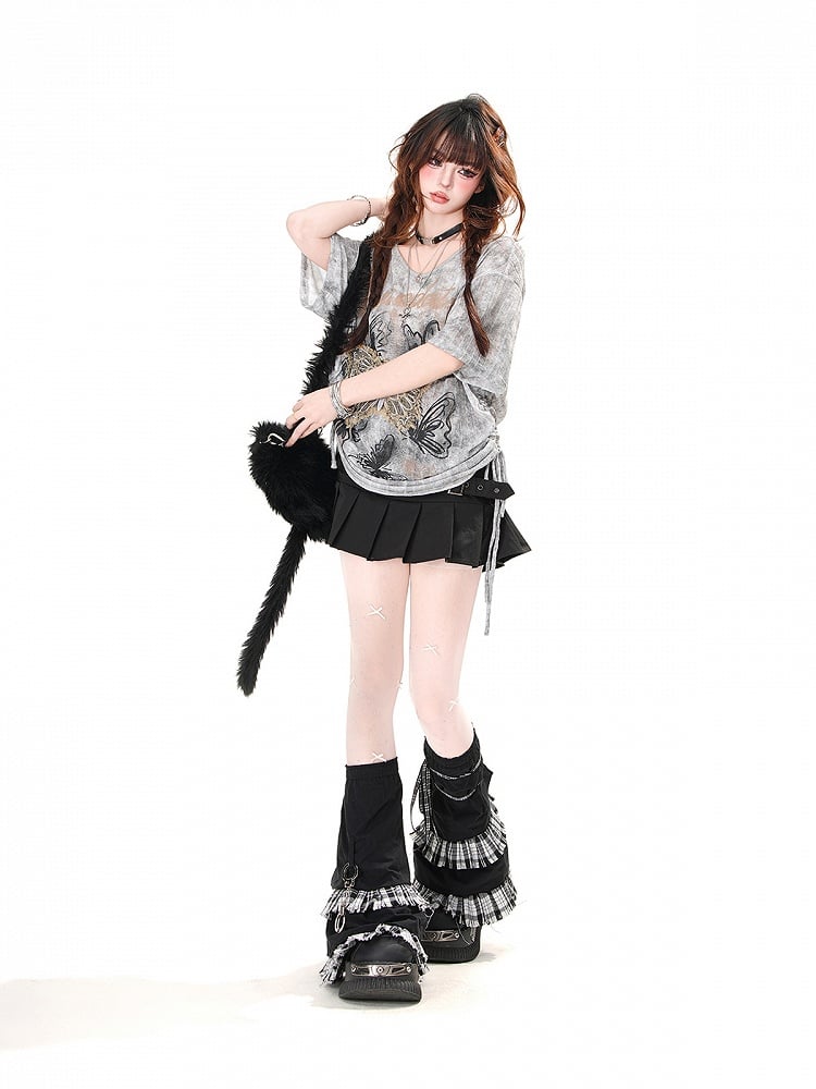 Black/Gray Butterfly Applique and Print Drawstring Waist Loose T-Shirt