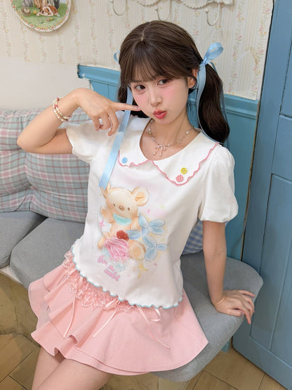 Cartoon Bear Print Hem White Peter Pan Collar Puff Sleeve Contrast Lettuce T-Shirt