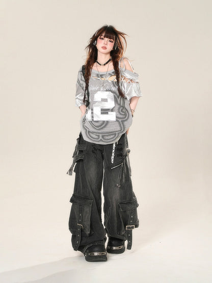 Gray Cutout Shoulder Embroidered Sports T-Shirt with Lace-up Detail