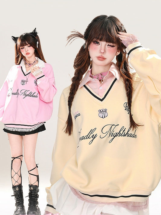 Apricot/Pink Polo Collar Letter Embroidery Spring Loose Sweatshirt Faux Two-pieces