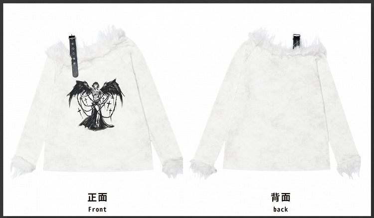 Haut asymétrique à manches longues et bordure en peluche style ange blanc lait punk