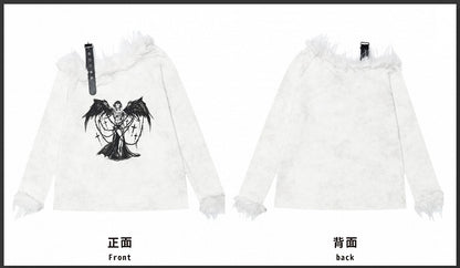 Haut asymétrique à manches longues et bordure en peluche style ange blanc lait punk