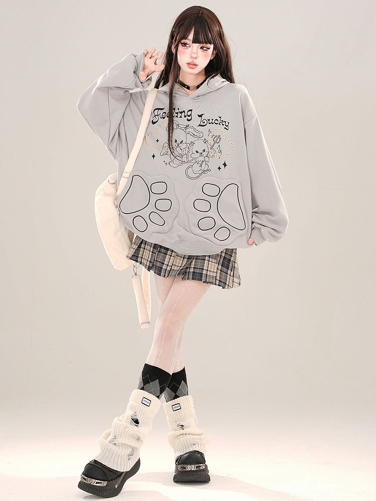 White/Grey Devil Bunnies Print Studs Loose Hoodie