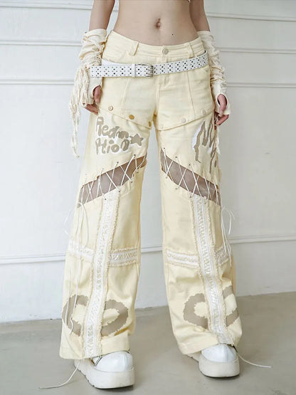 Beige Jeans mit Schnürung und geradem Bein, abnehmbares Detail