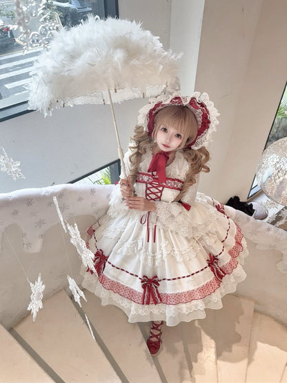 White and Wine Red Lace-up Bow Accents Lace Trim Sweet Princess Dress Lolita Jumper Skirt