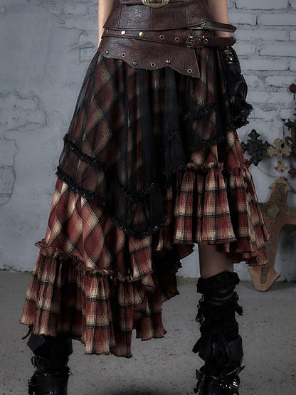 Hem Waistline Wasteland Asymmetrical Studs Punk Skirt BlackRed Plaid PU Pattern Flounce