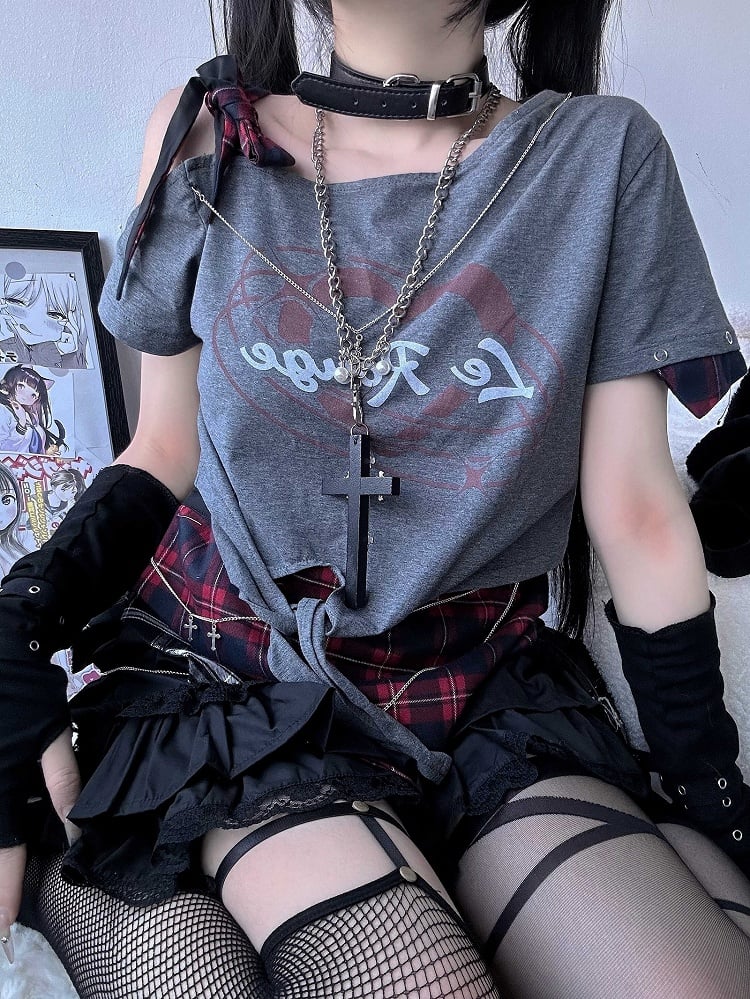 Print Asymmetrical Neckline Letter Y2K Black Glamorous T-shirt