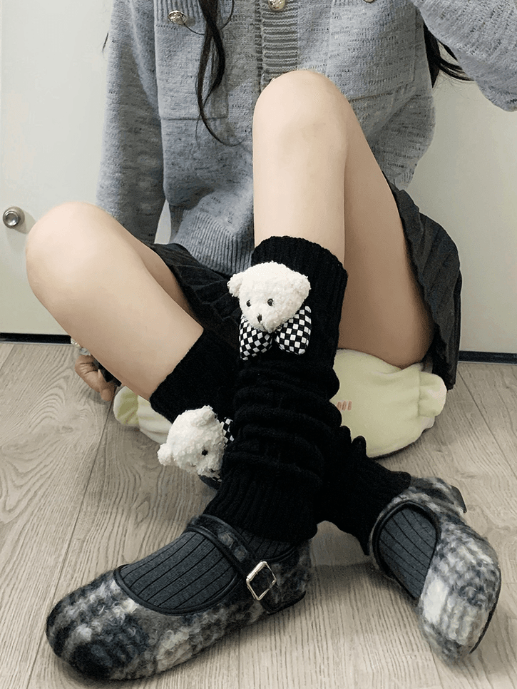 Jambières tricotées blanc lait Y2K avec peluche ours