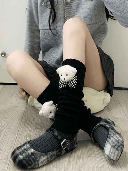 Jambières tricotées blanc lait Y2K avec peluche ours