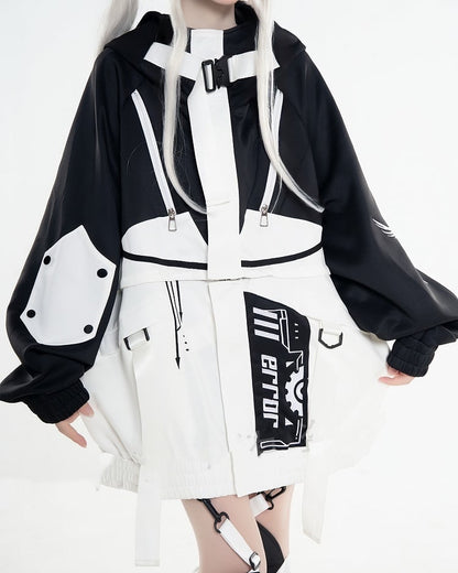 in Futuristic Techwear Detachable White Design Colorblock Landmine Style Black Jacket and