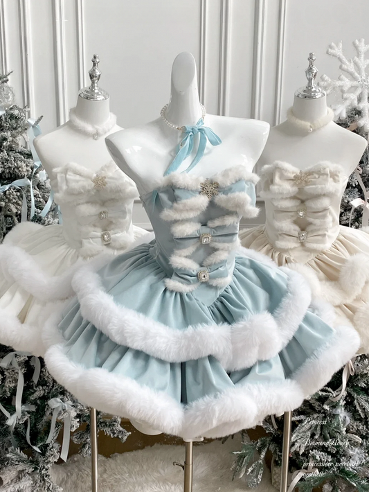 Blue Snowflake Bows Bodice Winter Plush Trimming Strapless Dress