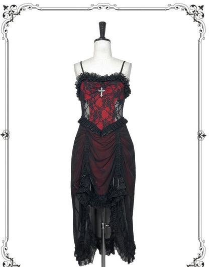 Black and Wine Red Vampire Gothic DressDrawstring Lace Dress and Wristcuffs Set