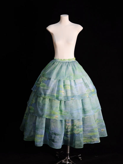 Sky Organza Tiered Skirt Blue/Light Pink/Purple/Green Oil Painting Print
