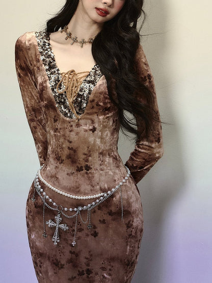 Coffee Sequins V-neck High Waist Lace Patchwork Flounce Mermaid Skirt Velvet Dress Evening Gown